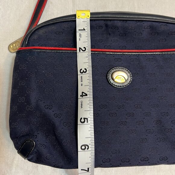 Vintage Gucci GG Monogram Navy Canvas Leather Crossbody Bag Red Trim Logo Italy - Picture 11 of 12